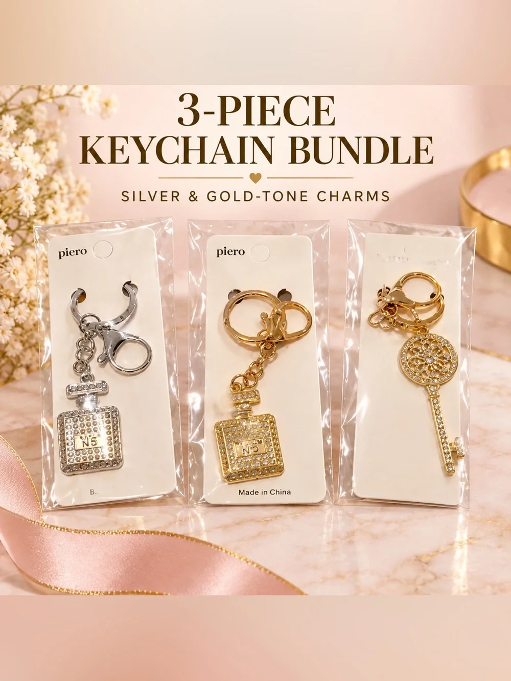 3-Piece Silver & Gold-Tone Fashion Keychain Bundle – New in Packaging